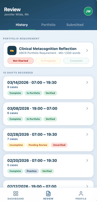 WildeCare app — portfolio review screen showing shift history and clinical scenarios